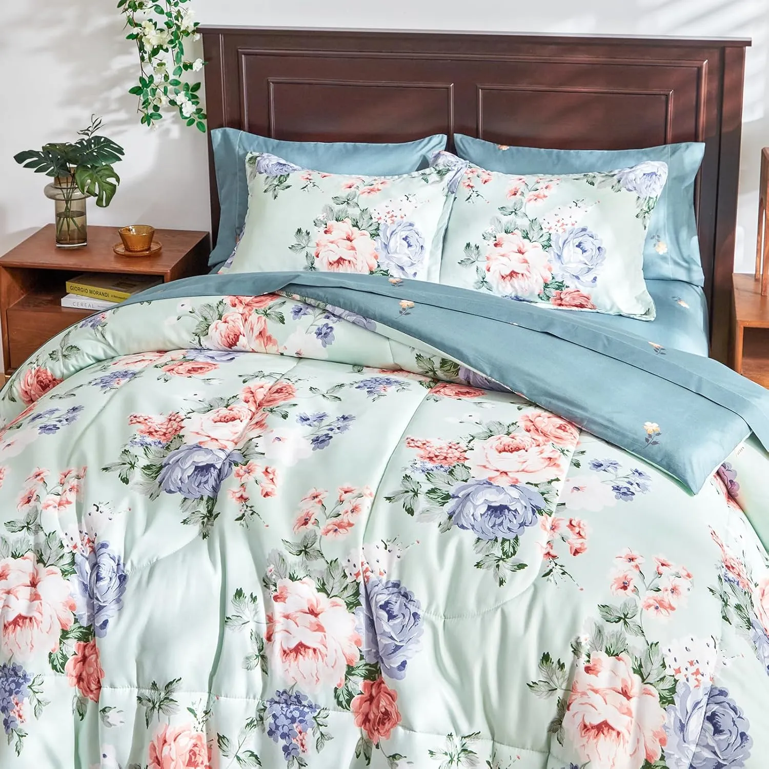 Floral Comforter Set 7 Pieces Blue with Pink Red Flowers Bed in a Bag Queen Size Reversible Bedding Set (1 Comforter 2 Pillow Shams 1 Flat Sheet 1 Fitted Sheet 2 Pillowcases)