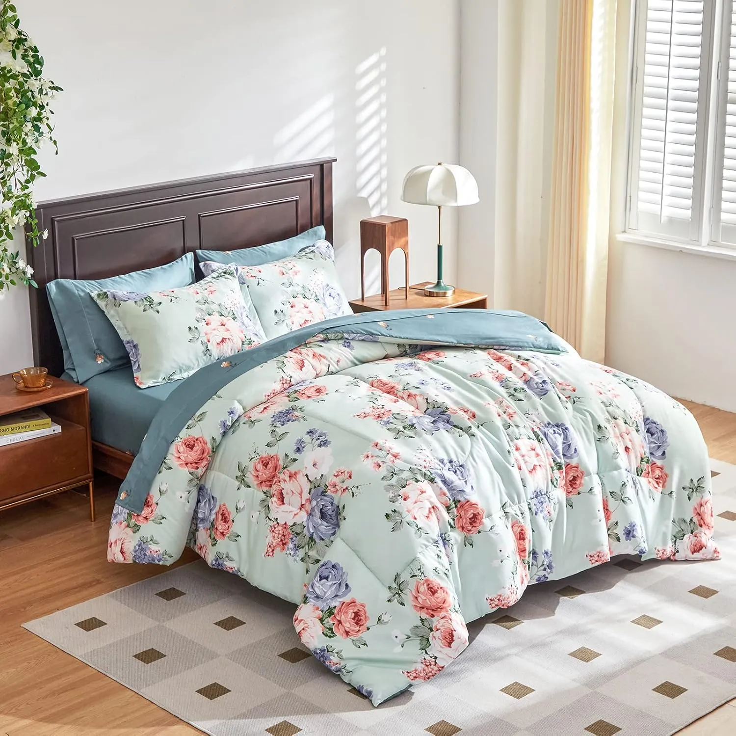 Floral Comforter Set 7 Pieces Blue with Pink Red Flowers Bed in a Bag Queen Size Reversible Bedding Set (1 Comforter 2 Pillow Shams 1 Flat Sheet 1 Fitted Sheet 2 Pillowcases)