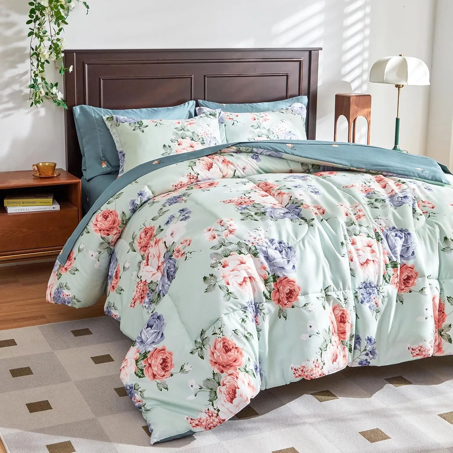 Floral Comforter Set 7 Pieces Blue with Pink Red Flowers Bed in a Bag Queen Size Reversible Bedding Set (1 Comforter 2 Pillow Shams 1 Flat Sheet 1 Fitted Sheet 2 Pillowcases)