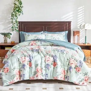 Floral Comforter Set 7 Pieces Blue with Pink Red Flowers Bed in a Bag Queen Size Reversible Bedding Set (1 Comforter 2 Pillow Shams 1 Flat Sheet 1 Fitted Sheet 2 Pillowcases)