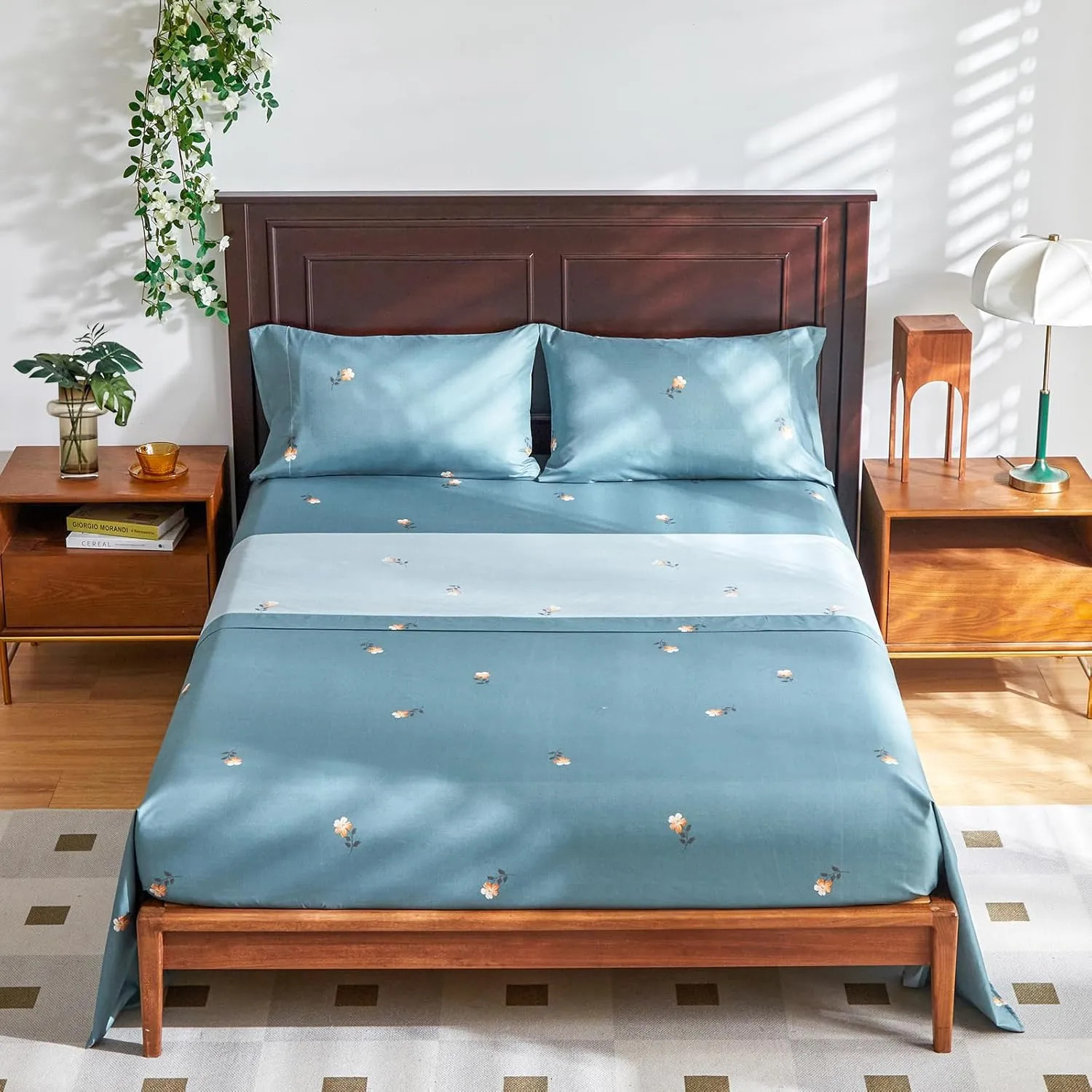 Floral Comforter Set 7 Pieces Blue with Pink Red Flowers Bed in a Bag Queen Size Reversible Bedding Set (1 Comforter 2 Pillow Shams 1 Flat Sheet 1 Fitted Sheet 2 Pillowcases)