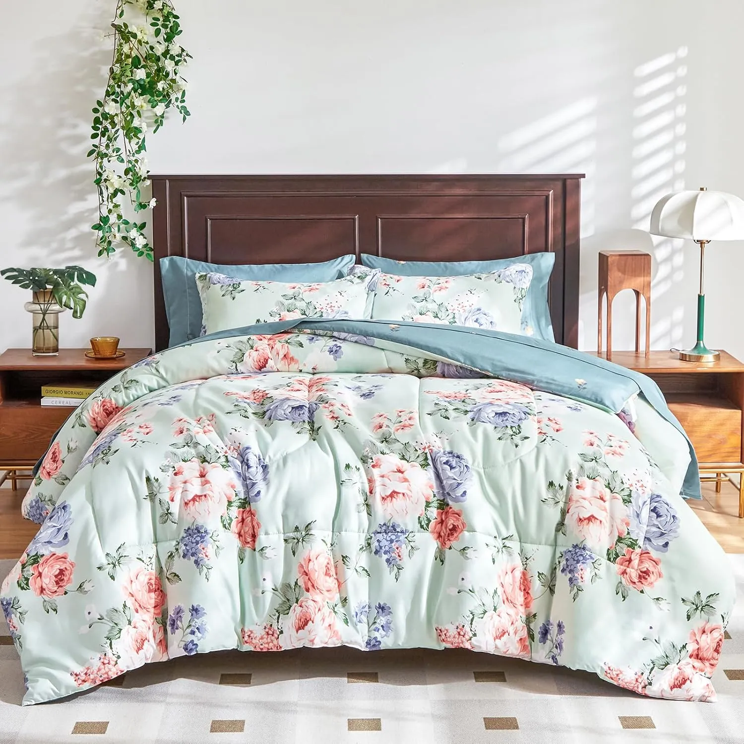 Floral Comforter Set 7 Pieces Blue with Pink Red Flowers Bed in a Bag Queen Size Reversible Bedding Set (1 Comforter 2 Pillow Shams 1 Flat Sheet 1 Fitted Sheet 2 Pillowcases)