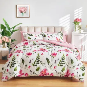 Floral Comforter Set 7 Pieces White with Green Leaves Pink Flowers Bed in a Bag Queen Size Reversible Bedding Set (1 Comforter 2 Pillow Shams 1 Flat Sheet 1 Fitted Sheet 2 Pillowcases)