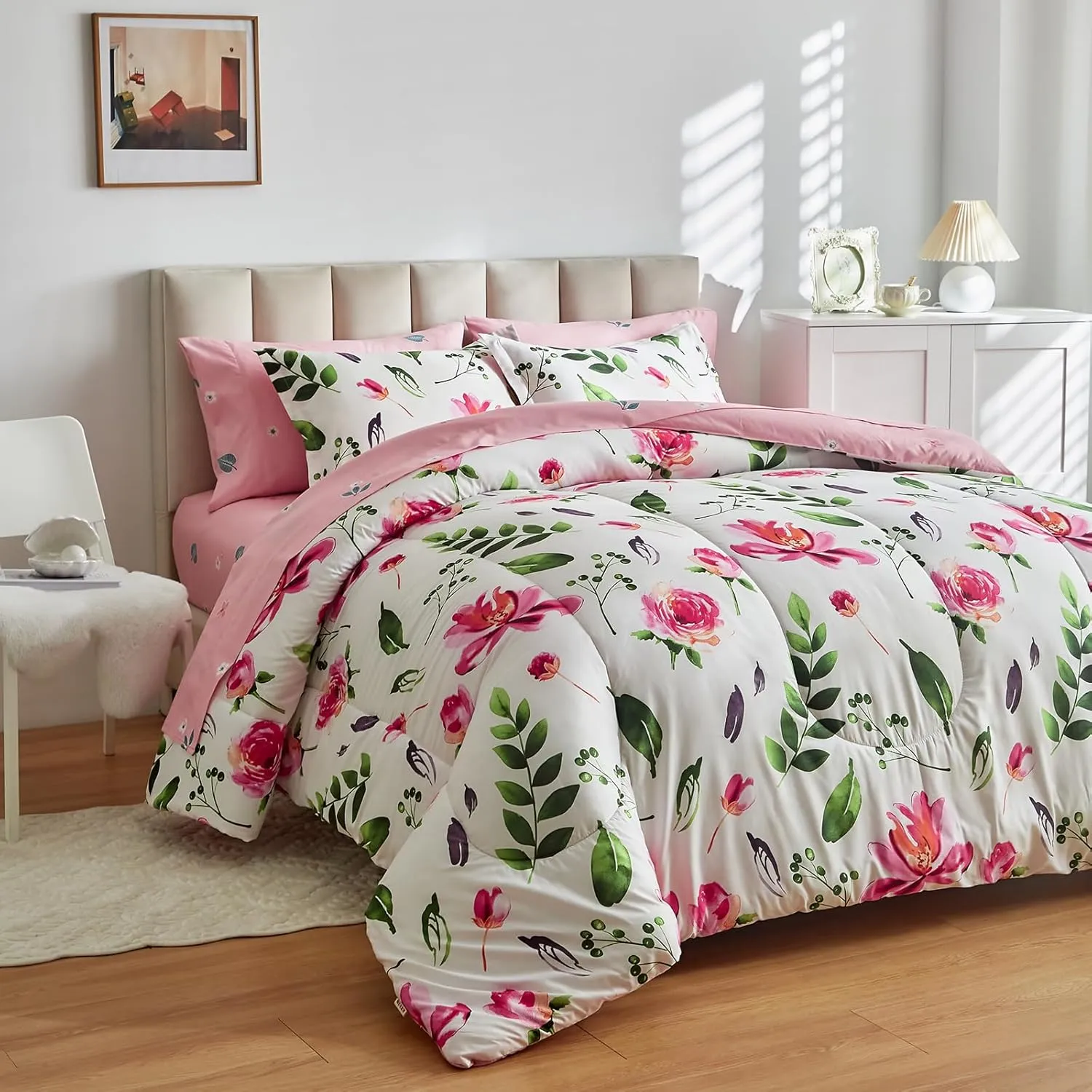 Floral Comforter Set 7 Pieces White with Green Leaves Pink Flowers Bed in a Bag Queen Size Reversible Bedding Set (1 Comforter 2 Pillow Shams 1 Flat Sheet 1 Fitted Sheet 2 Pillowcases)