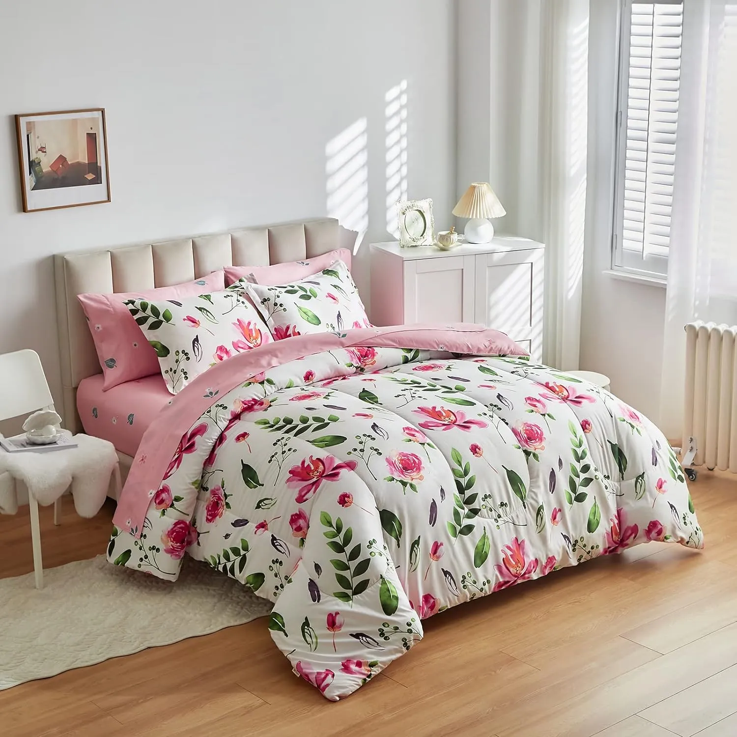 Floral Comforter Set 7 Pieces White with Green Leaves Pink Flowers Bed in a Bag Queen Size Reversible Bedding Set (1 Comforter 2 Pillow Shams 1 Flat Sheet 1 Fitted Sheet 2 Pillowcases)