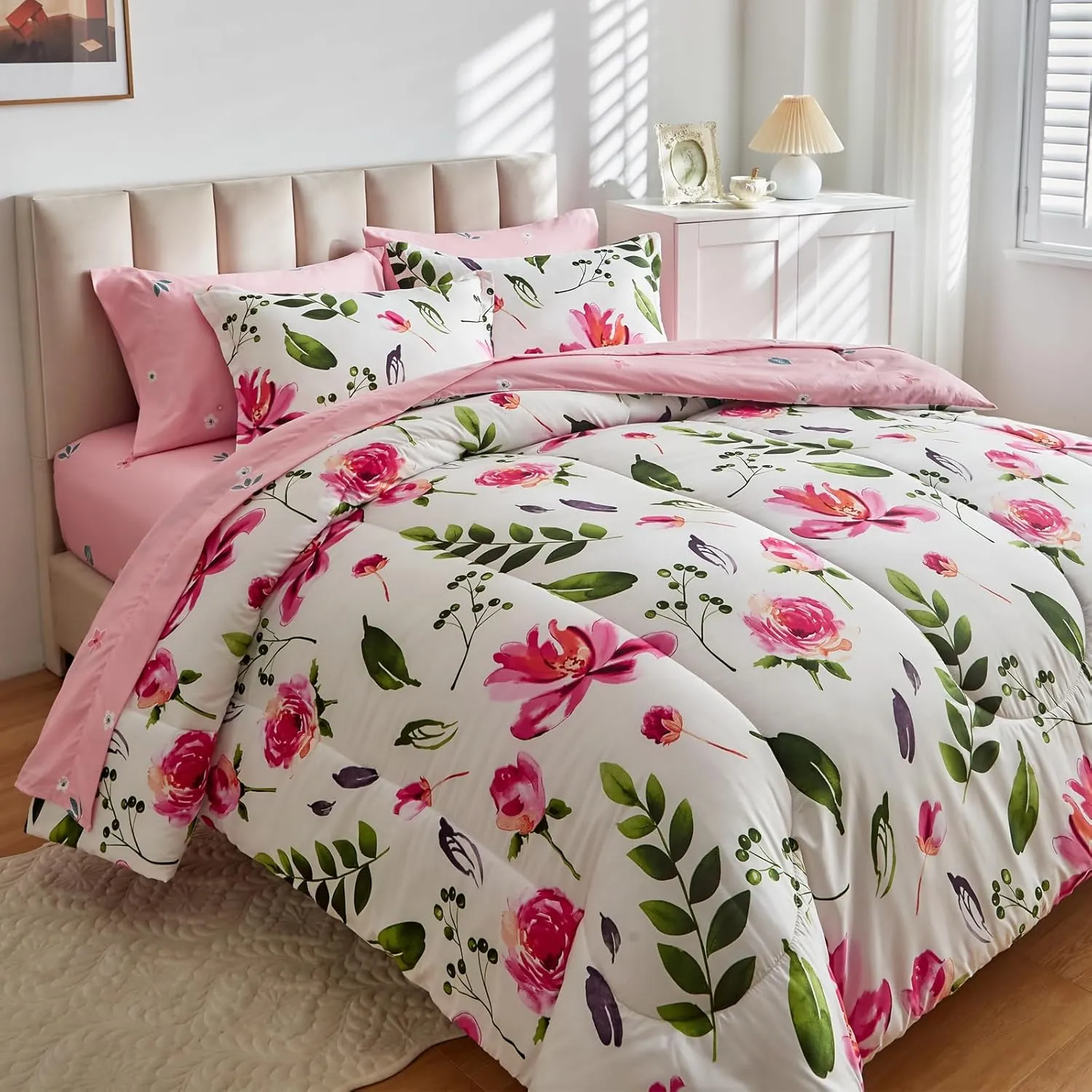 Floral Comforter Set 7 Pieces White with Green Leaves Pink Flowers Bed in a Bag Queen Size Reversible Bedding Set (1 Comforter 2 Pillow Shams 1 Flat Sheet 1 Fitted Sheet 2 Pillowcases)