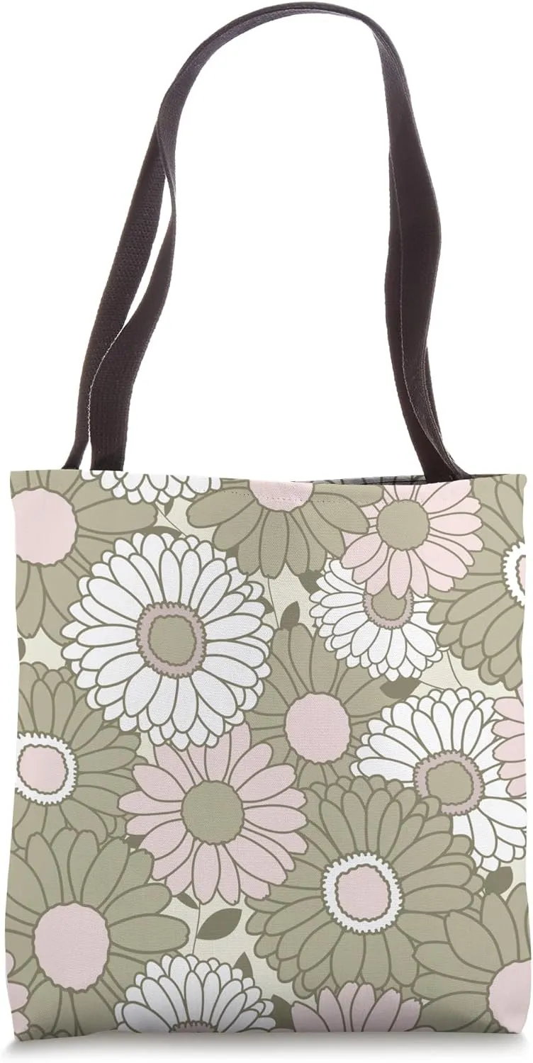 Floral Retro Daisy Flowers Hippie Groovy Sage Green Pink Tote Bag