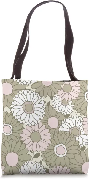Floral Retro Daisy Flowers Hippie Groovy Sage Green Pink Tote Bag