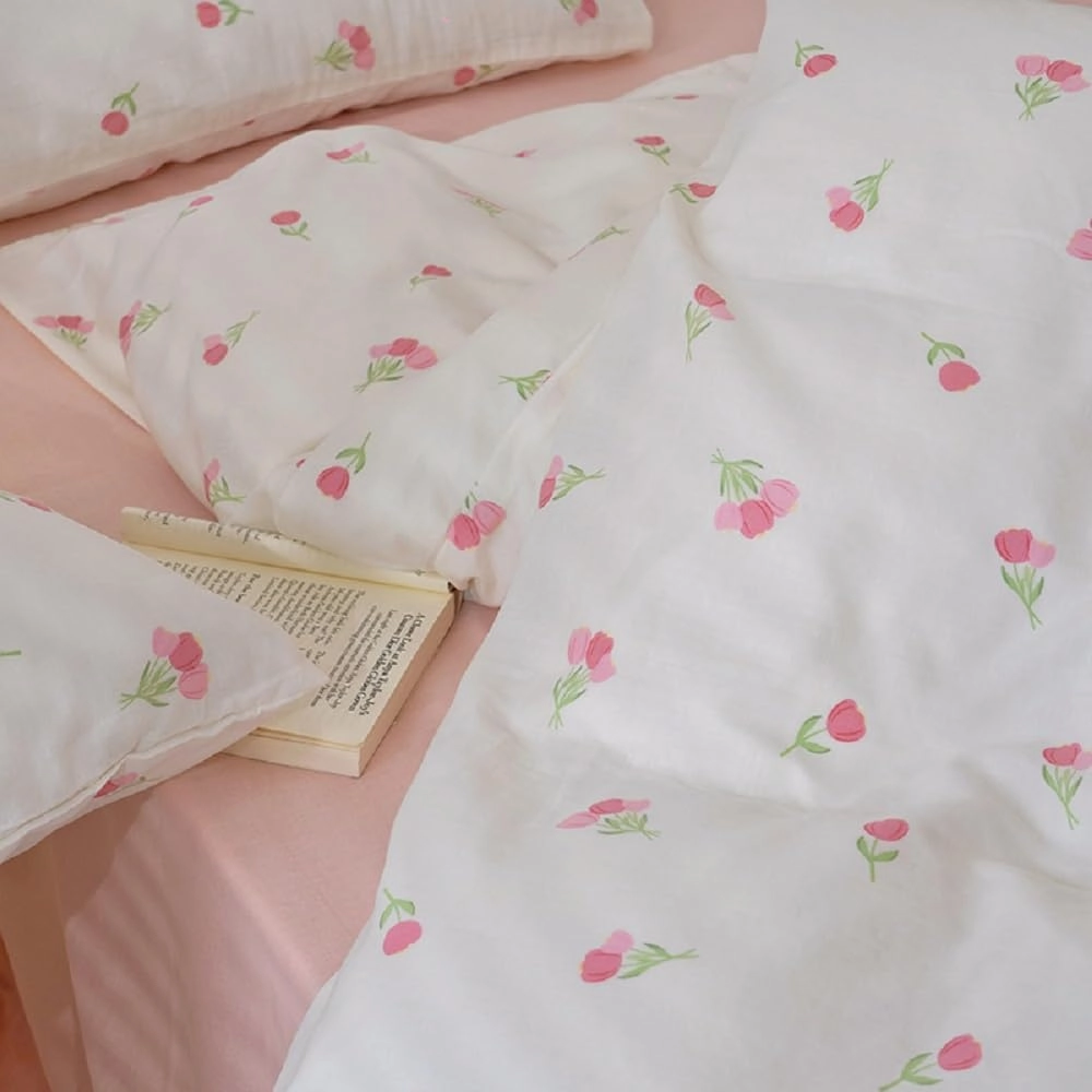 Floral Comforter Set King Size - 3 Pieces Pink White Floral Comforter Bedding Sets Tulips Pattern,King Bed in a Bag with Heart Comforter and 2 Pillowcases