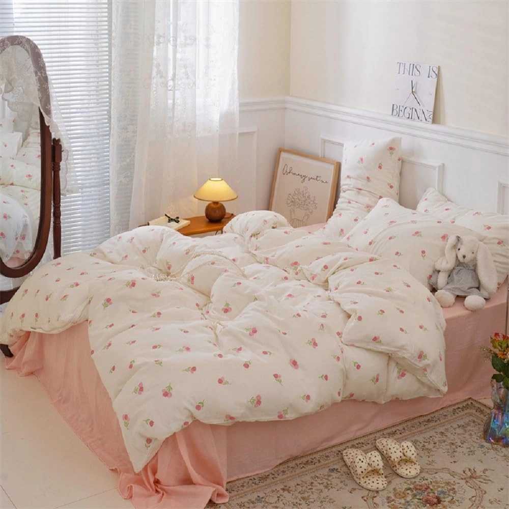 Floral Comforter Set King Size - 3 Pieces Pink White Floral Comforter Bedding Sets Tulips Pattern,King Bed in a Bag with Heart Comforter and 2 Pillowcases
