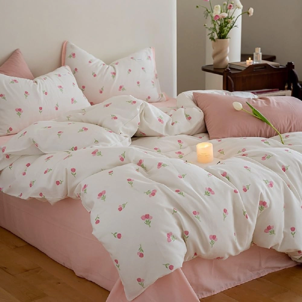 Floral Comforter Set King Size - 3 Pieces Pink White Floral Comforter Bedding Sets Tulips Pattern,King Bed in a Bag with Heart Comforter and 2 Pillowcases