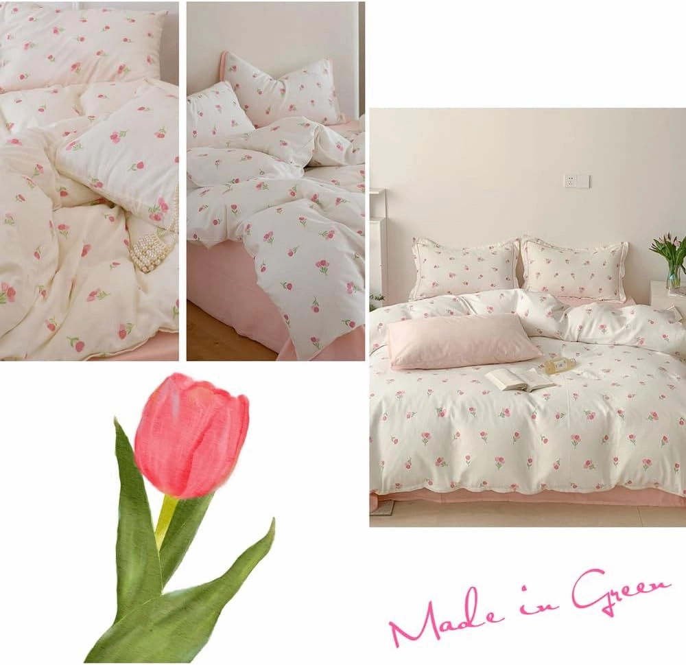 Floral Comforter Set King Size - 3 Pieces Pink White Floral Comforter Bedding Sets Tulips Pattern,King Bed in a Bag with Heart Comforter and 2 Pillowcases