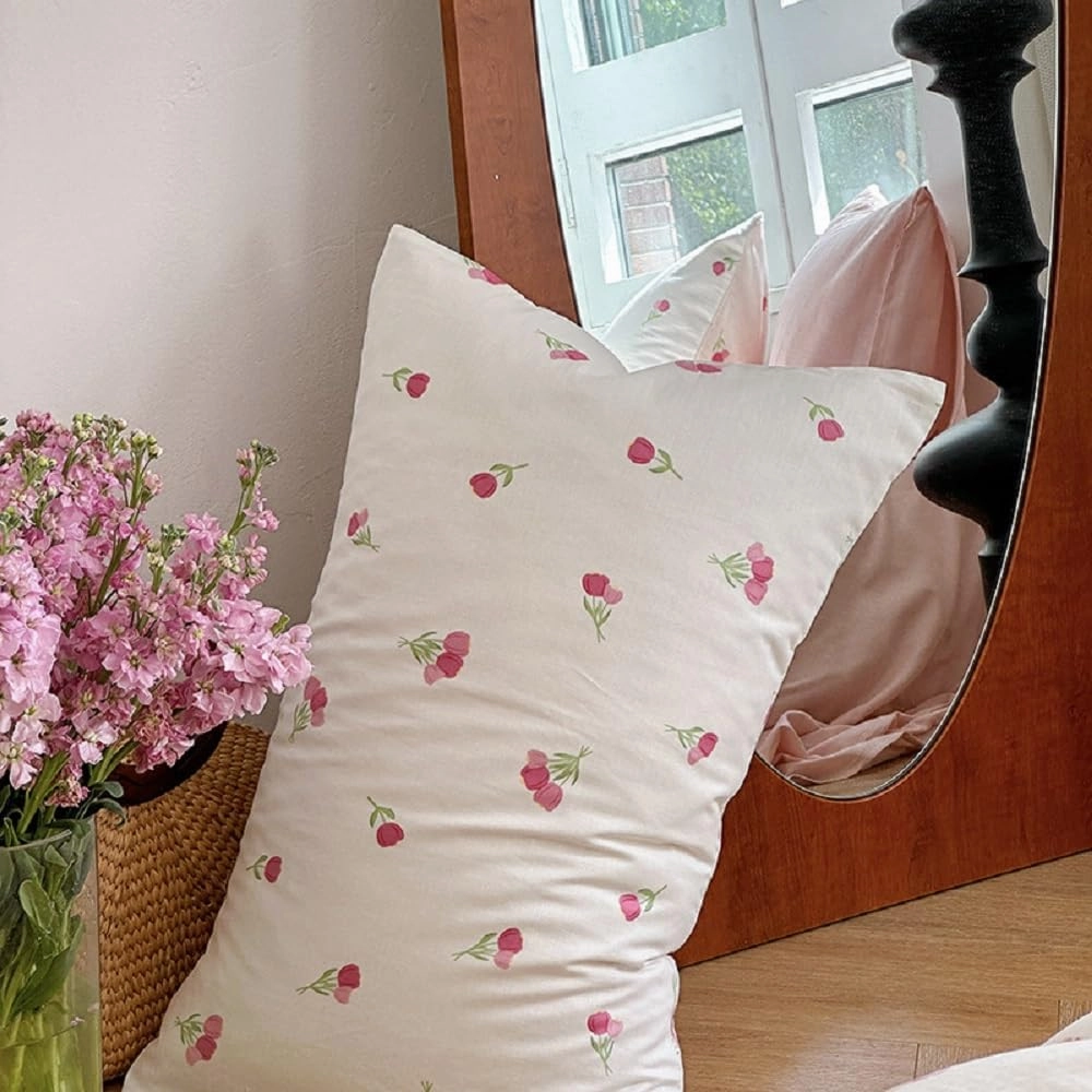 Floral Comforter Set King Size - 3 Pieces Pink White Floral Comforter Bedding Sets Tulips Pattern,King Bed in a Bag with Heart Comforter and 2 Pillowcases