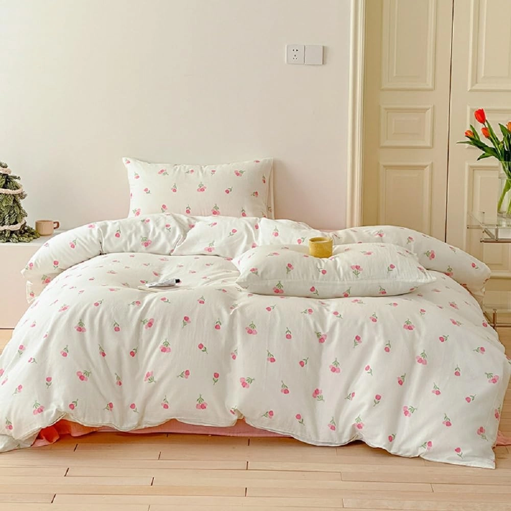 Floral Comforter Set King Size - 3 Pieces Pink White Floral Comforter Bedding Sets Tulips Pattern,King Bed in a Bag with Heart Comforter and 2 Pillowcases