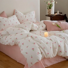 Floral Comforter Set King Size - 3 Pieces Pink White Floral Comforter Bedding Sets Tulips Pattern,King Bed in a Bag with Heart Comforter and 2 Pillowcases