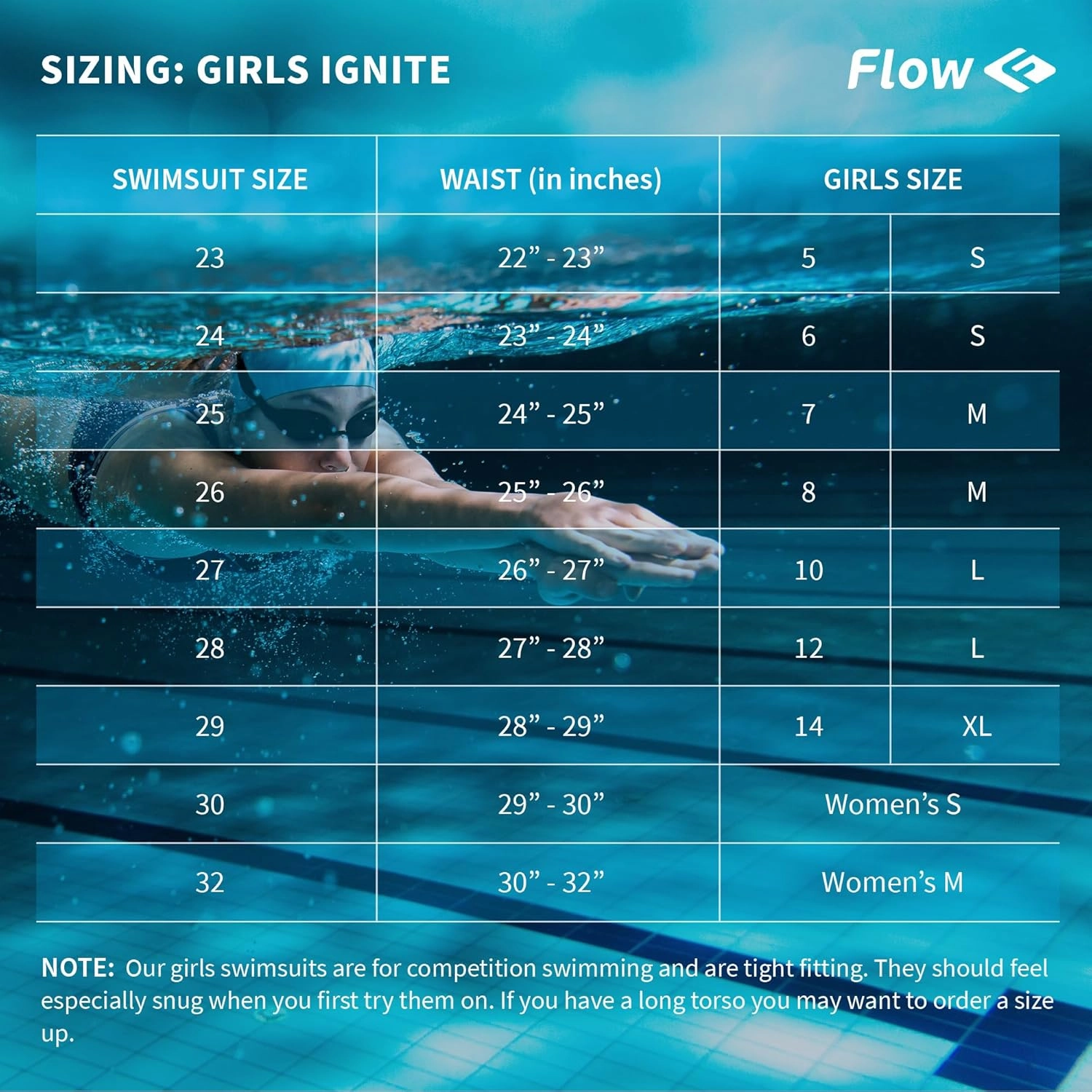 Flow Ignite Swimsuit for Girls - Size 23 to 32 One Piece Competition Swim Suit in Black, Blue, and Red