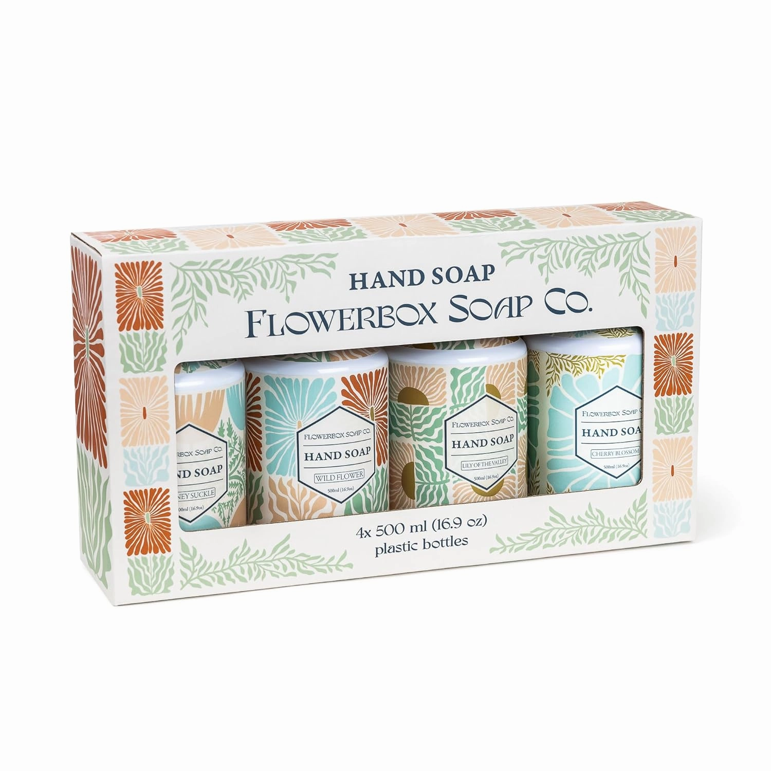 FlowerBox Liquid Hand Soap Set–Beautiful Pack of 12 Scented Pump Soaps–Bathroom & Kitchen Luxury Decorative 500ml Italian Mosaic Bottles–Refillable Dispensers–Works for Bath and Body Wash Gift