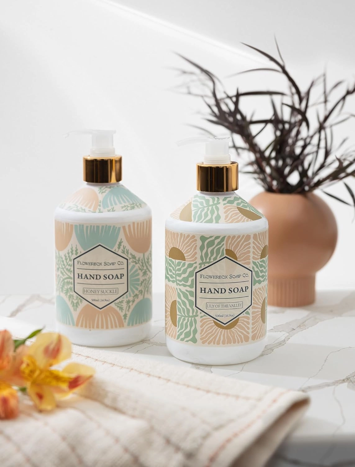 FlowerBox Liquid Hand Soap Set–Beautiful Pack of 12 Scented Pump Soaps–Bathroom & Kitchen Luxury Decorative 500ml Italian Mosaic Bottles–Refillable Dispensers–Works for Bath and Body Wash Gift