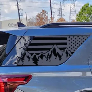 for Ford Explorer 2020-2023 Rear Side Window American Flag Mountain Decal, Matte Black Vinyl USA Forest Tree Graphic Stickers, Patriotic Truck Accessories, Outdoor Off-Road SUV Decor
