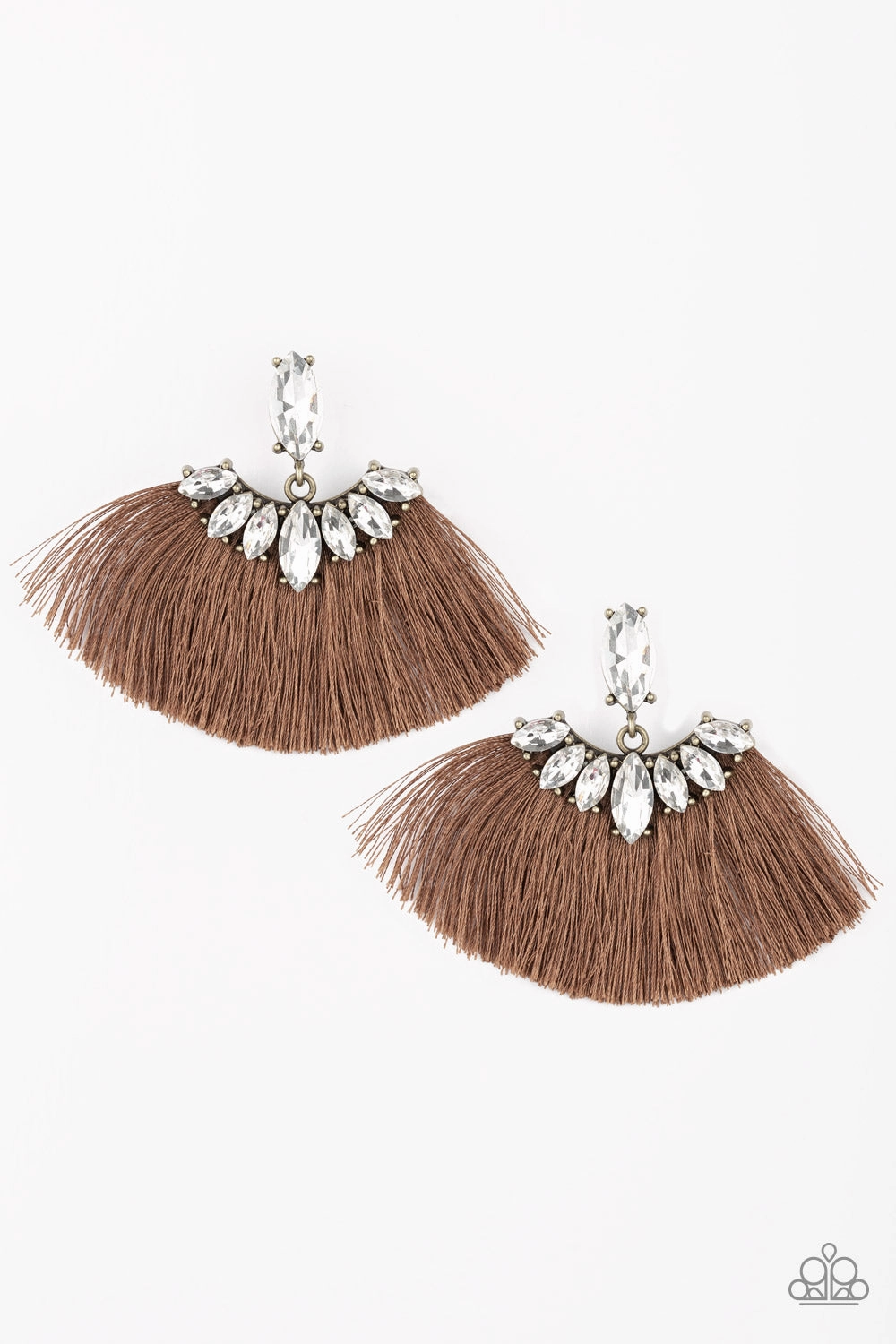 FORMAL FLAIR - BROWN THREAD FRINGE CLEAR RHINESTONES POST TASSEL EARRINGS