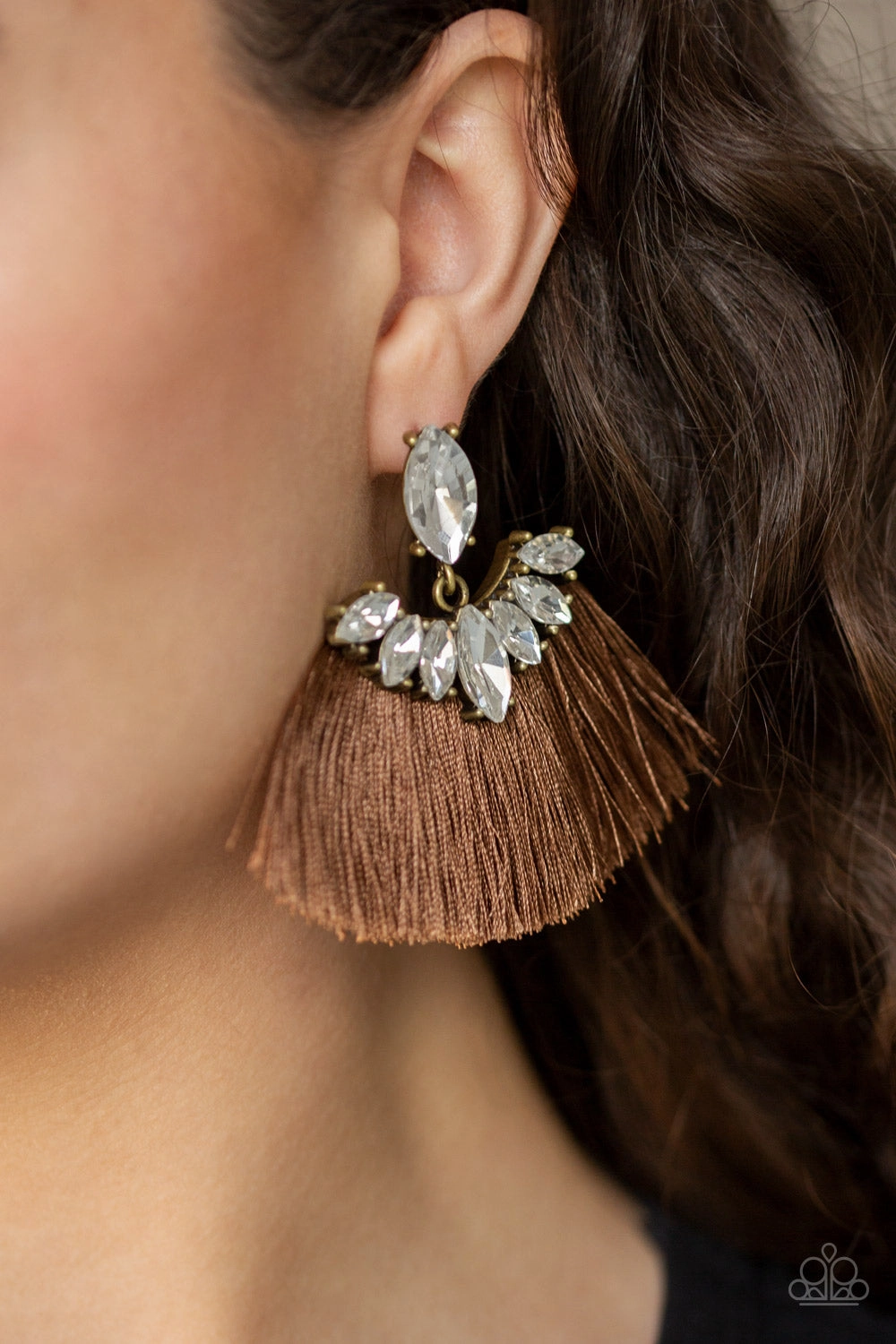 FORMAL FLAIR - BROWN THREAD FRINGE CLEAR RHINESTONES POST TASSEL EARRINGS