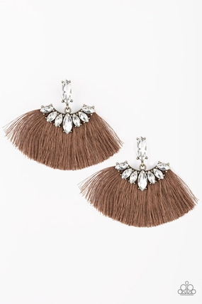 FORMAL FLAIR - BROWN THREAD FRINGE CLEAR RHINESTONES POST TASSEL EARRINGS