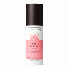 Frank Body SPF30 The Better Oil | Vegan & Cruelty-free | Nourishing Body Oil with Subtle Gold Shimmer | Jojoba Oil, Almond Oil, and Mica for a Natural Shimmer (3.38 fl oz/ 100mL)
