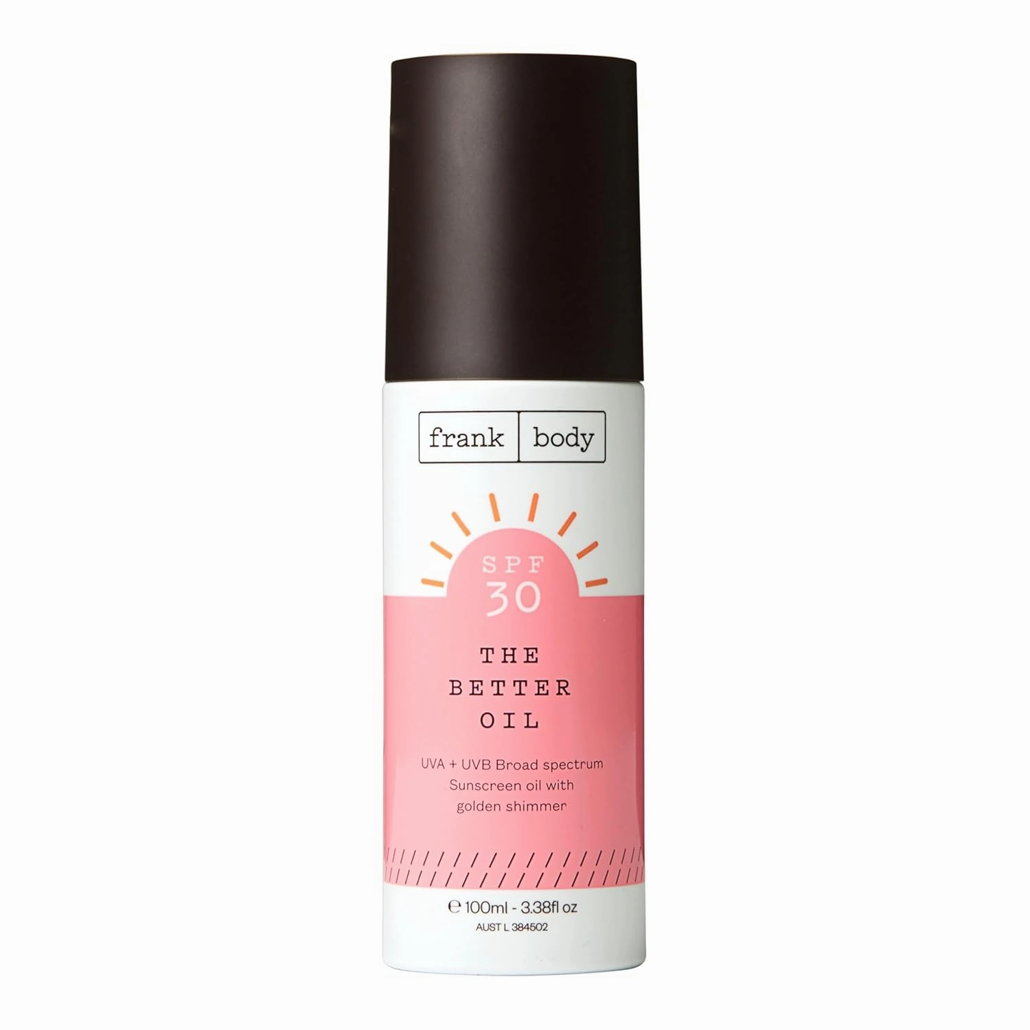 Frank Body SPF30 The Better Oil | Vegan & Cruelty-free | Nourishing Body Oil with Subtle Gold Shimmer | Jojoba Oil, Almond Oil, and Mica for a Natural Shimmer (3.38 fl oz/ 100mL)
