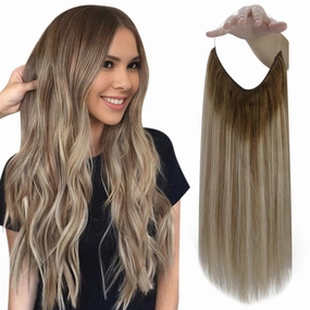 Fshine Invisible Wire Hair Extensions Real Human Hair 14 Inch Wire Human Hair Extensions Balayage Walnut Brown to Ash Brown and Butter Blonde One Piece Hair Extensions Clip in Human Hair Remy Hair 70g