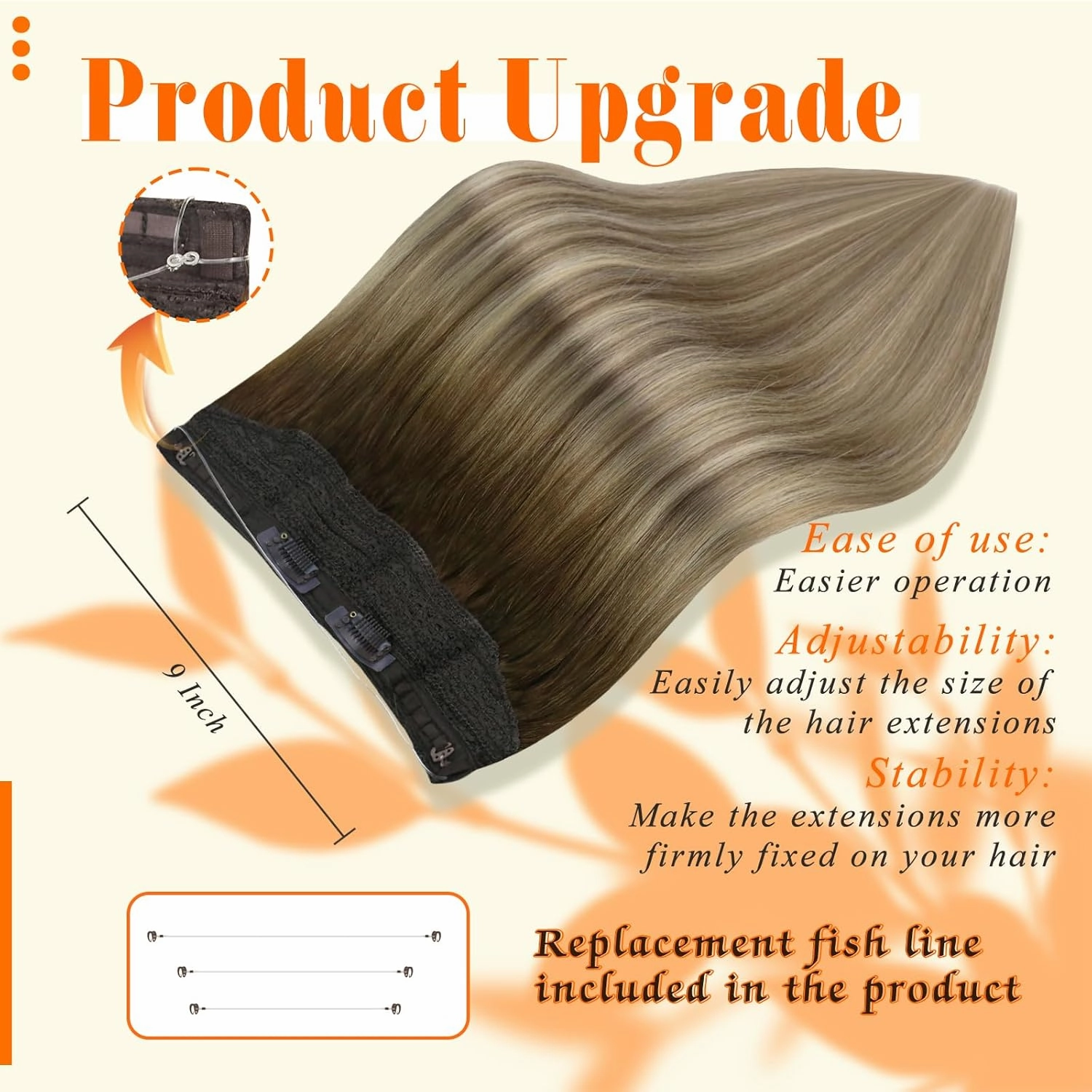 Fshine Invisible Wire Hair Extensions Real Human Hair 14 Inch Wire Human Hair Extensions Balayage Walnut Brown to Ash Brown and Butter Blonde One Piece Hair Extensions Clip in Human Hair Remy Hair 70g
