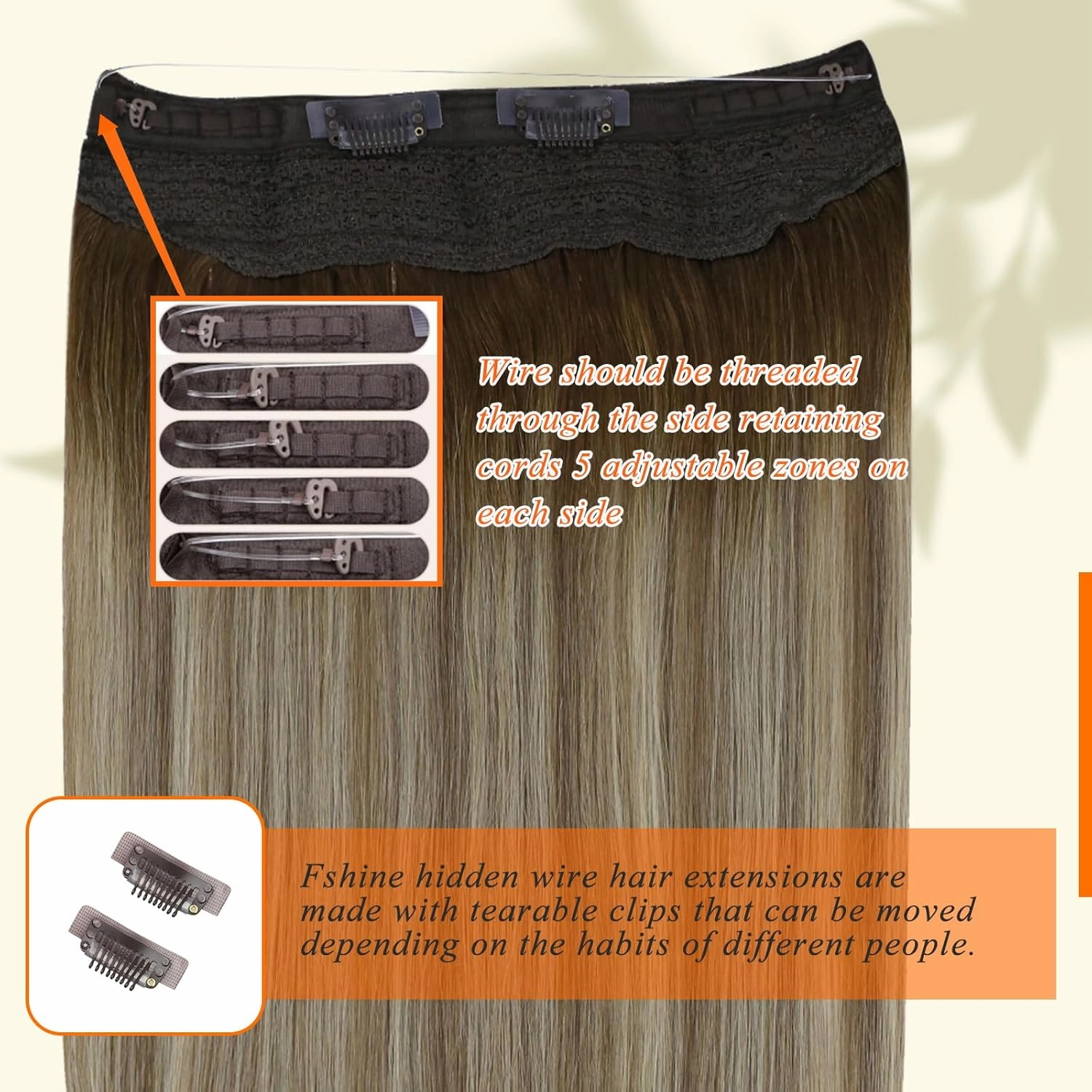 Fshine Invisible Wire Hair Extensions Real Human Hair 14 Inch Wire Human Hair Extensions Balayage Walnut Brown to Ash Brown and Butter Blonde One Piece Hair Extensions Clip in Human Hair Remy Hair 70g