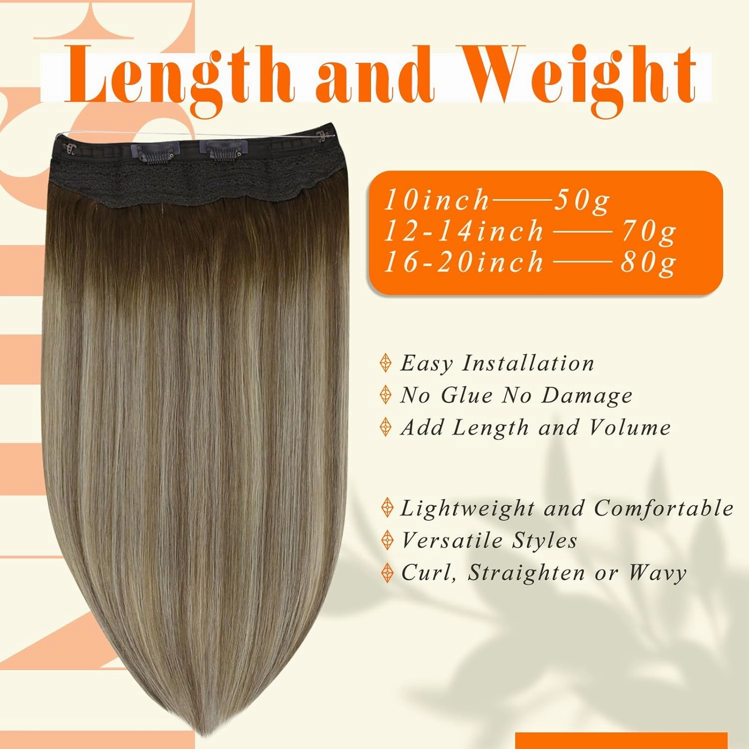 Fshine Invisible Wire Hair Extensions Real Human Hair 14 Inch Wire Human Hair Extensions Balayage Walnut Brown to Ash Brown and Butter Blonde One Piece Hair Extensions Clip in Human Hair Remy Hair 70g