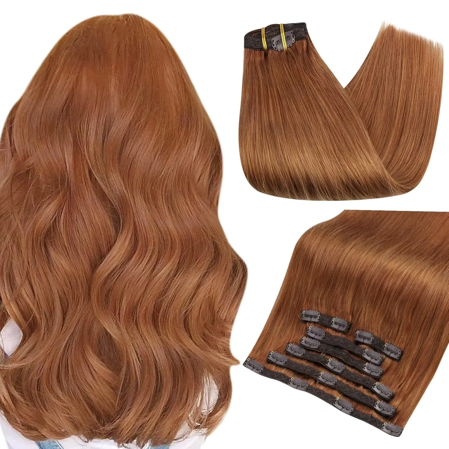 Full Shine Copper Brown Human Hair Clip in Extensions Auburn Brown Real Human Hair Extensions Clip ins Straight Invisible Hair Extensions for Women Triple Weft Remy Hair 18 Inch 7 Pcs 120 G