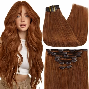 Full Shine Clip in Hair Extensions 24 Inch Copper Human Hair Clip in Extensions Straight Invisible Hair Brazilian Remy Human Hair Copper Red 7 Pcs