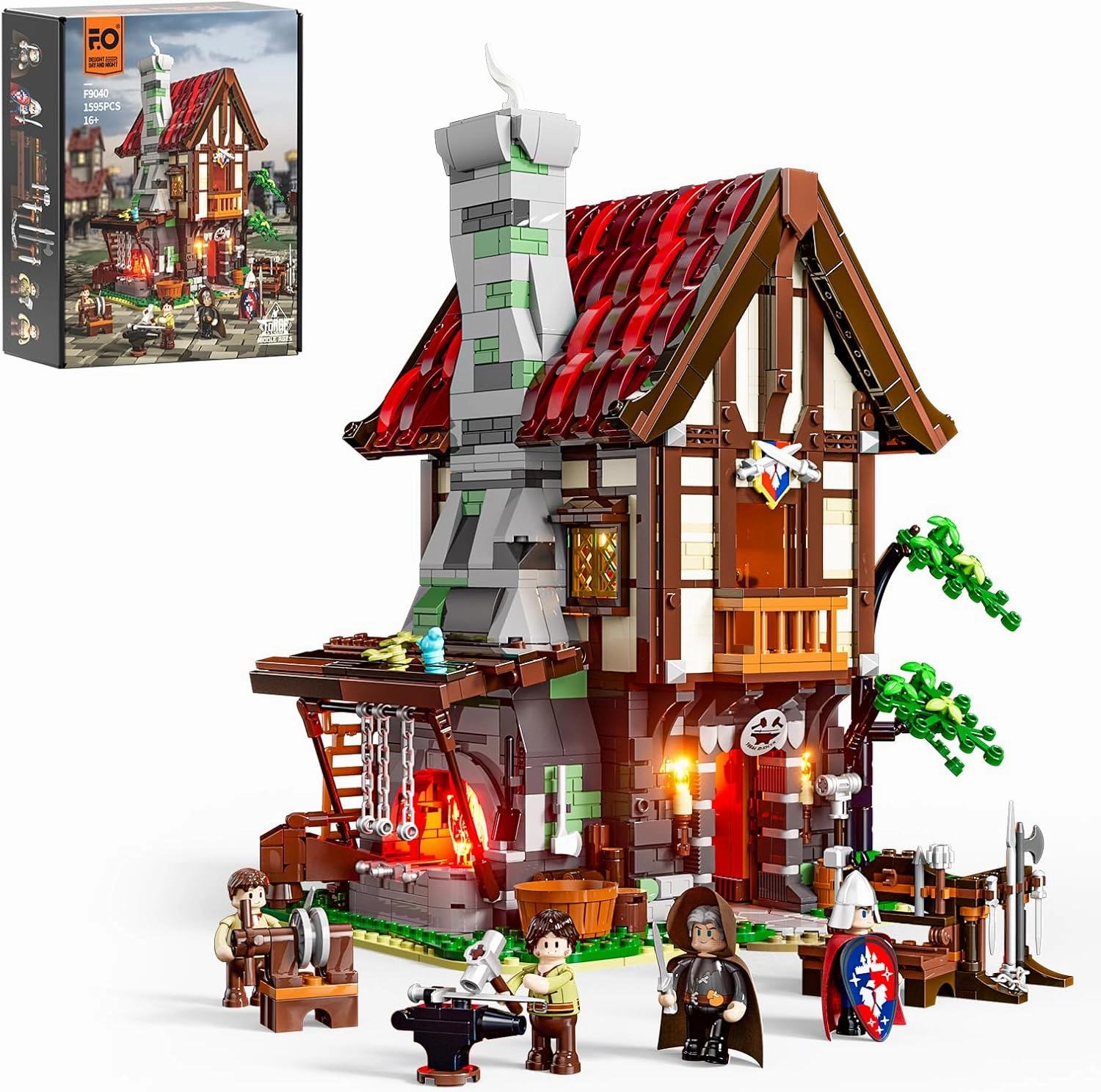 FUNWHOLE Medieval Forge-House Lighting Building-Bricks Set - Blacksmith kit Collectible Display LED Light Building Sets 1595 Pcs for Adults and Teen