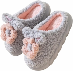 Fuzzy Knit House Slippers with Pom Poms, Women's & Men's Indoor Warm Slippers (gray, Adult, Women, 11, Numeric, US Footwear Size System, Medium)