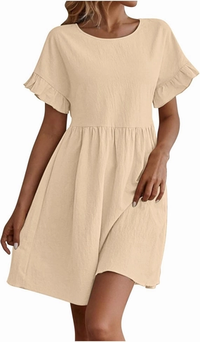 FZYLQY Women's Casual Dress Ruched Short Linen A-line Dress Flowy Ruffle Short Sleeve Swing Sundress Beach Vacation Dresses