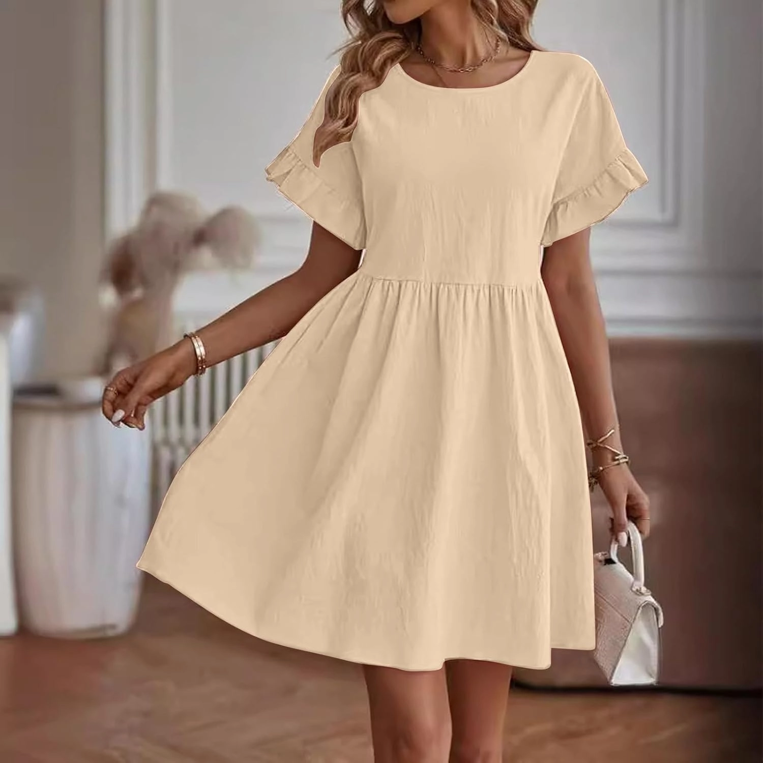 FZYLQY Women's Casual Dress Ruched Short Linen A-line Dress Flowy Ruffle Short Sleeve Swing Sundress Beach Vacation Dresses