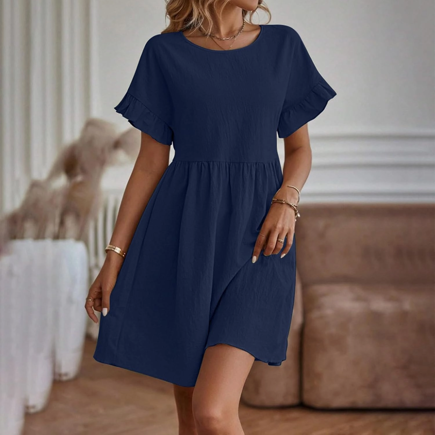 FZYLQY Women's Casual Dress Ruched Short Linen A-line Dress Flowy Ruffle Short Sleeve Swing Sundress Beach Vacation Dresses