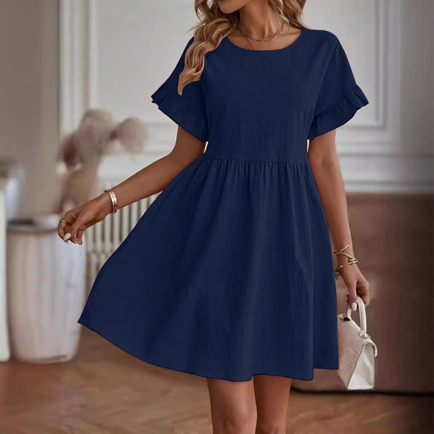 FZYLQY Women's Casual Dress Ruched Short Linen A-line Dress Flowy Ruffle Short Sleeve Swing Sundress Beach Vacation Dresses