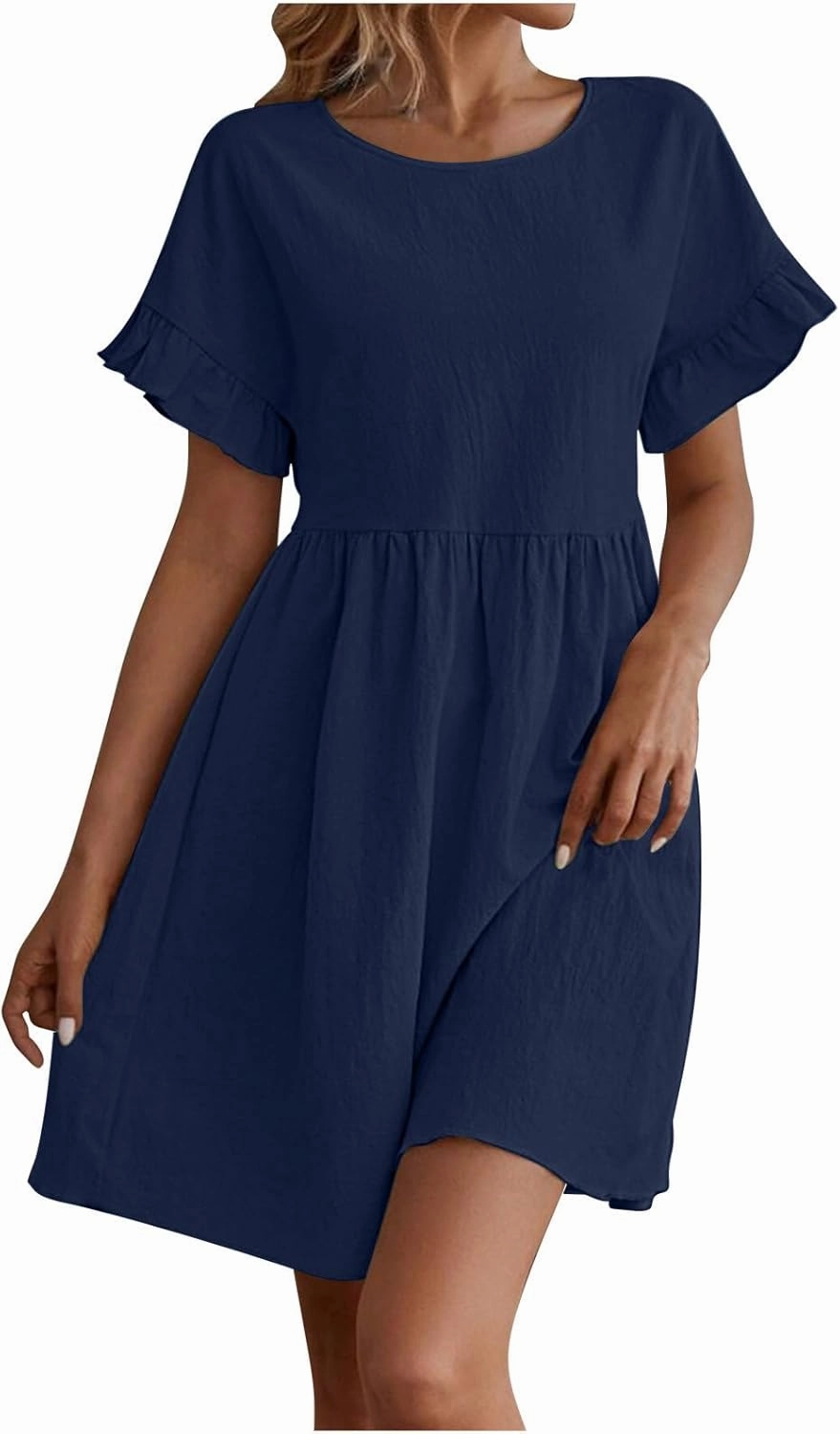 FZYLQY Women's Casual Dress Ruched Short Linen A-line Dress Flowy Ruffle Short Sleeve Swing Sundress Beach Vacation Dresses