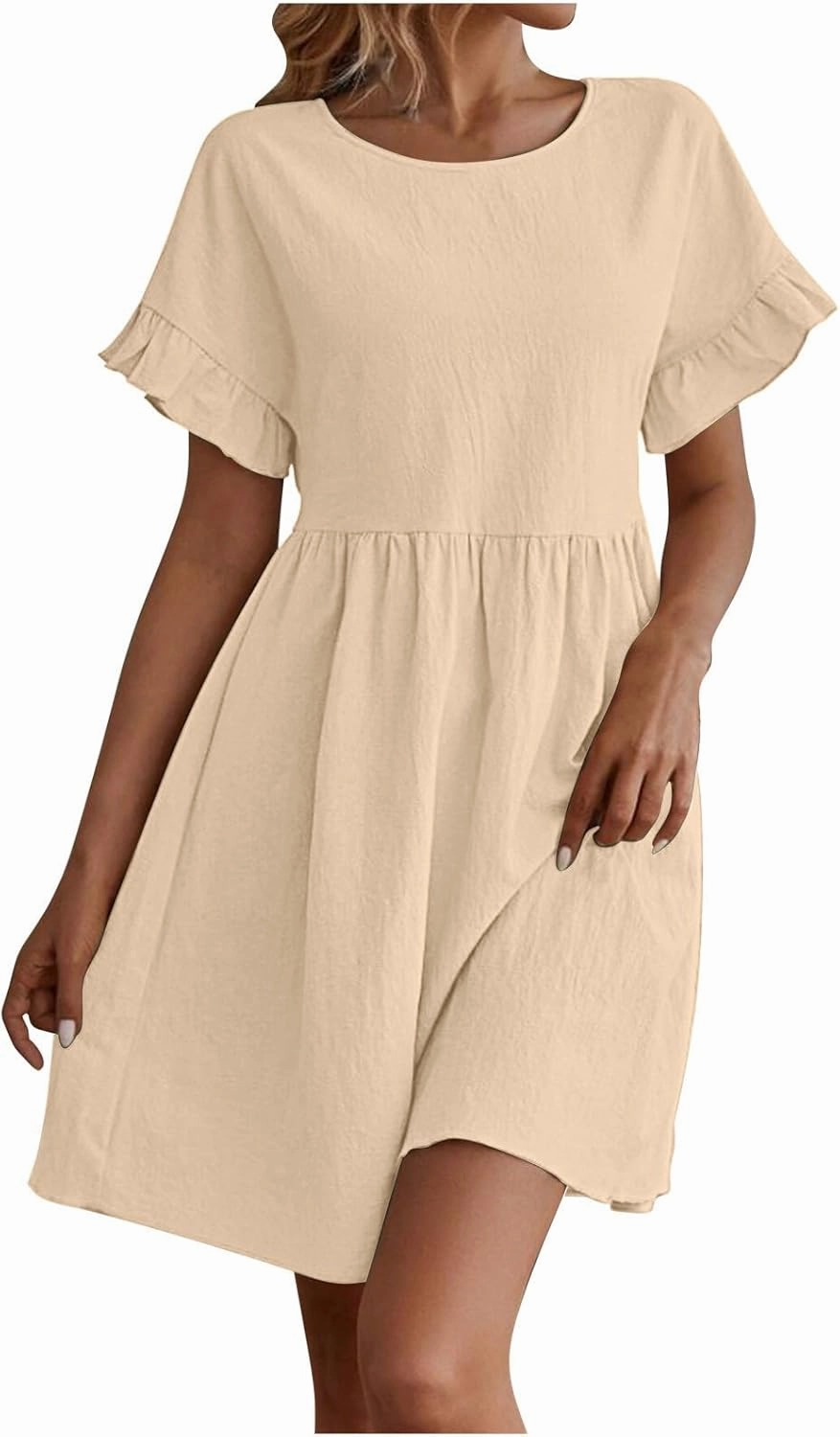 FZYLQY Women's Casual Dress Ruched Short Linen A-line Dress Flowy Ruffle Short Sleeve Swing Sundress Beach Vacation Dresses