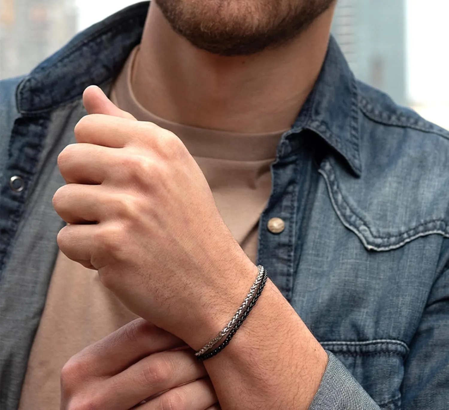 Galis Mens Bracelet - Stainless Steel for Men, Non Tarnish Rope Chain Bracelets, Stylish Birthday Gift for Boys, Dad, Son, Boyfriend - Silver & Black 7"