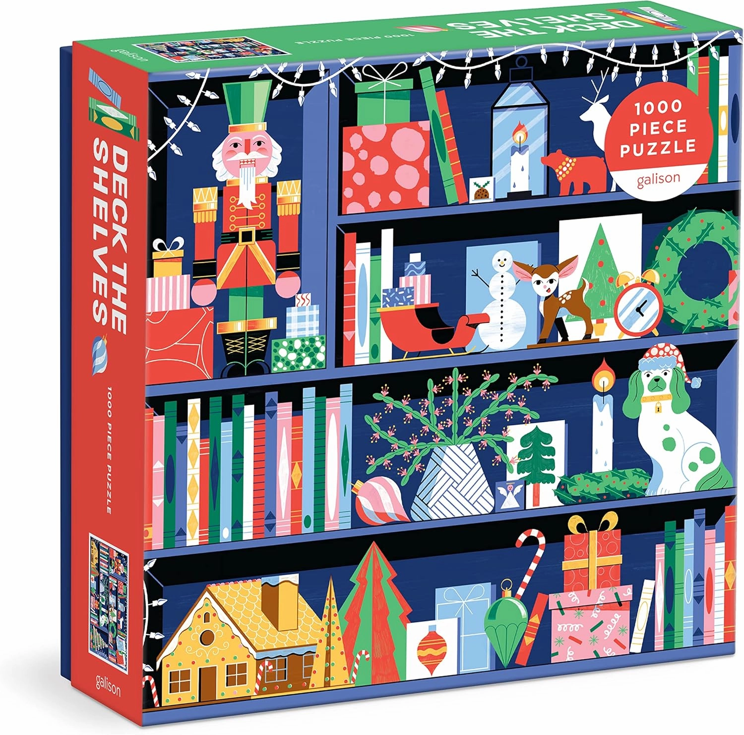 Galison Deck The Shelves – 1000 Piece Puzzle Fun and Challenging Activity with Bright and Bold Artwork of A Christmas Holiday Shelf for Adults and Families