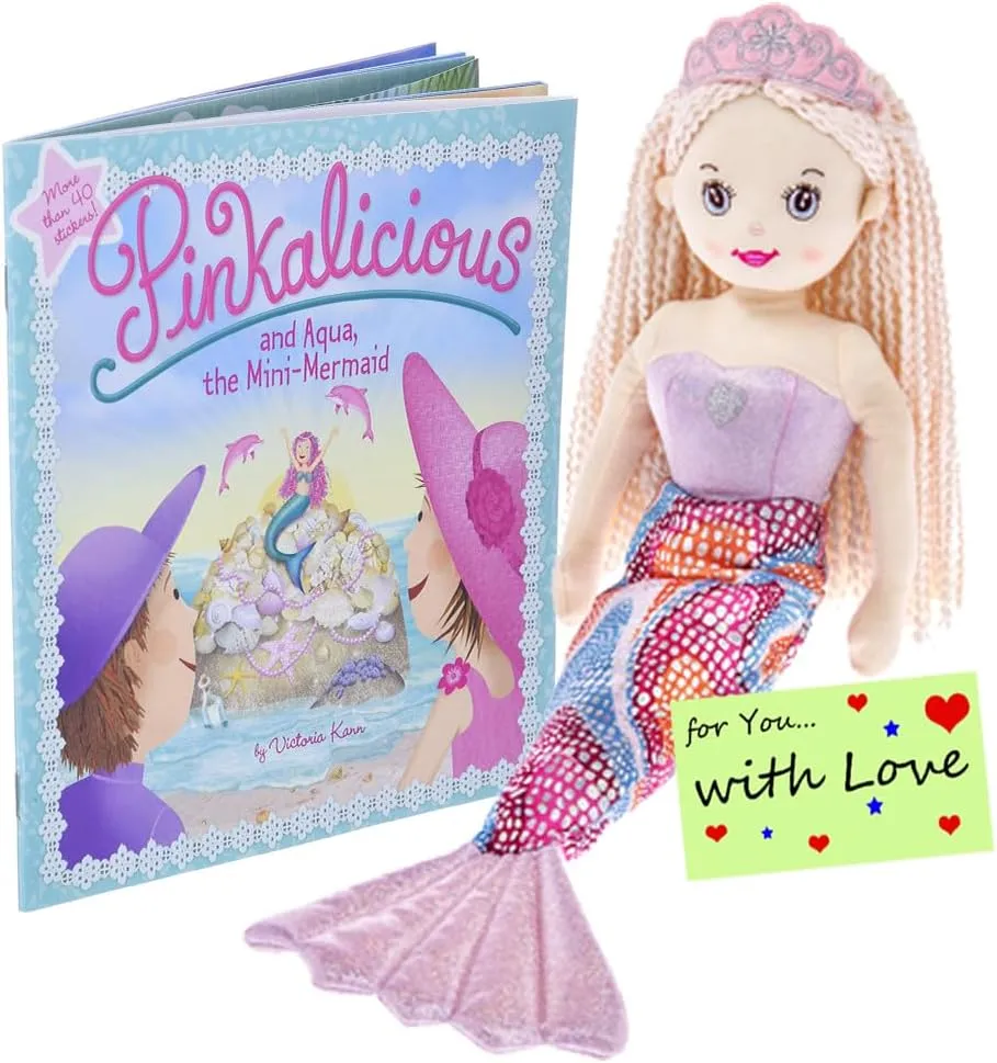 Ganz Girls Mermaid Doll Shelly With Pinkalicious and Aqua, The Mini-Mermaid Book W/Stickers & Gift Tag for Girls Who Love Adventures