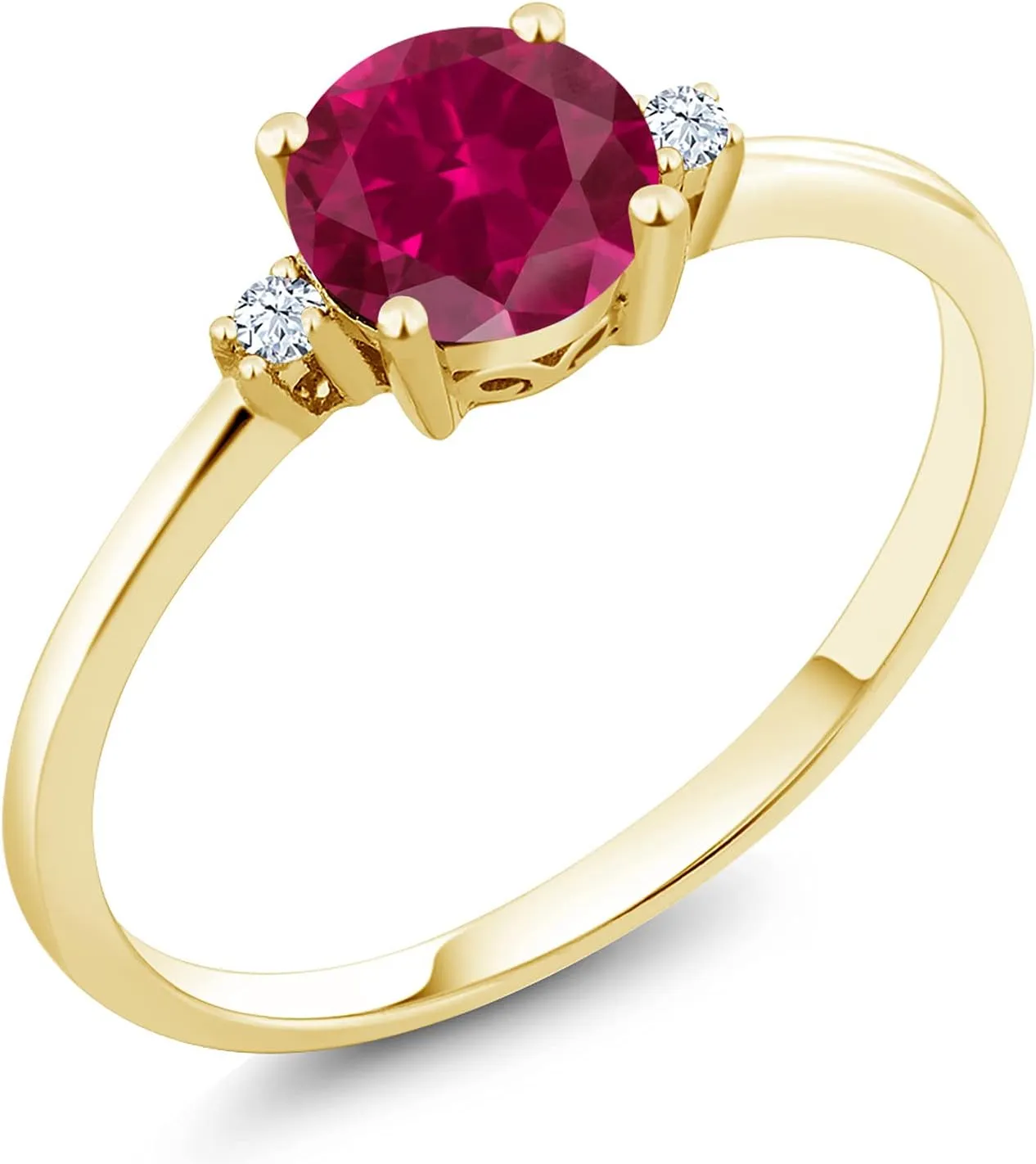 Gem Stone King 10K Yellow Gold Red Created Ruby and White Created Sapphire Solitaire Engagement Ring For Women (1.03 Cttw, Round 6MM, Gemstone July Birthstone, Available in Size 5,6,7,8,9)