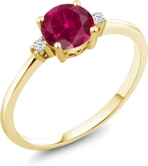 Gem Stone King 10K Yellow Gold Red Created Ruby and White Created Sapphire Solitaire Engagement Ring For Women (1.03 Cttw, Round 6MM, Gemstone July Birthstone, Available in Size 5,6,7,8,9)