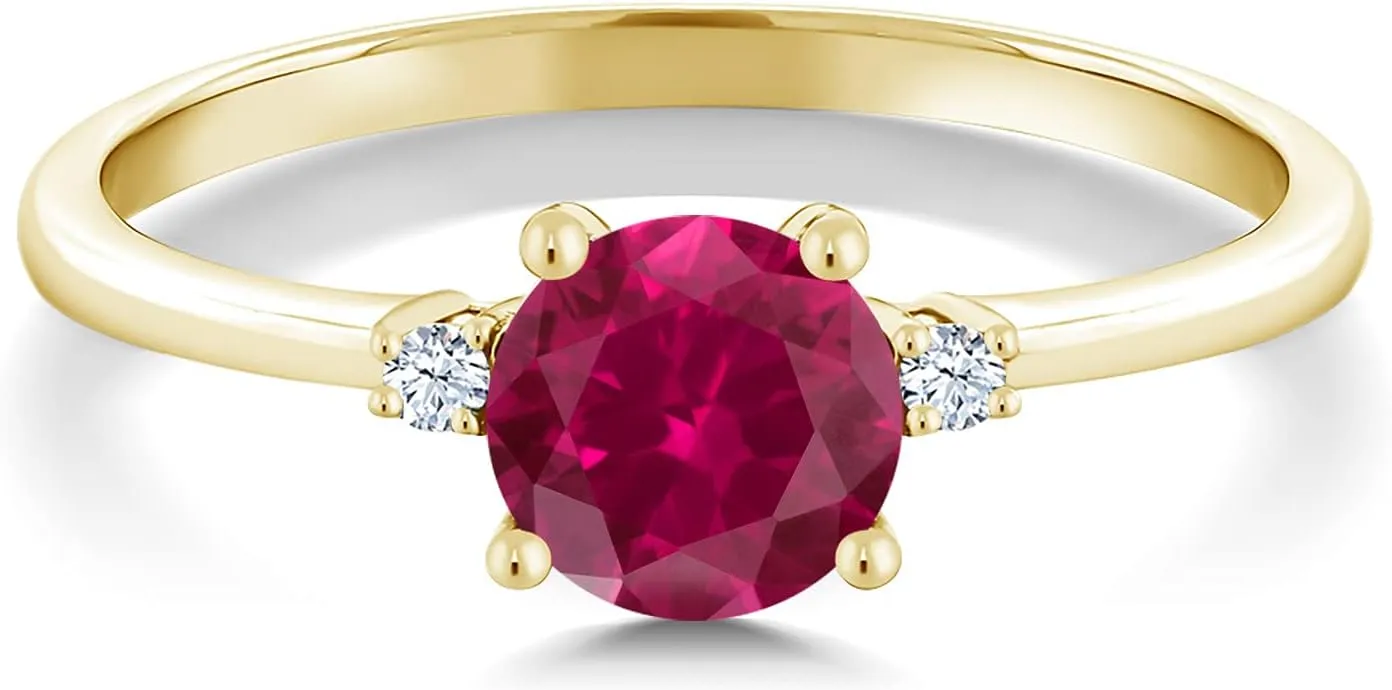 Gem Stone King 10K Yellow Gold Red Created Ruby and White Created Sapphire Solitaire Engagement Ring For Women (1.03 Cttw, Round 6MM, Gemstone July Birthstone, Available in Size 5,6,7,8,9)
