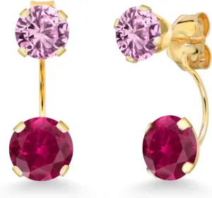 Gem Stone King 14K Yellow Gold Red Created Ruby and Pink Created Sapphire Dual Drop 2 Stone Round Earrings for Women (3.10 Cttw, Gemstone Birthstone, Round 6MM and 5MM)