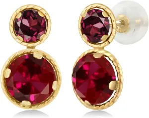 Gem Stone King 14K Yellow Gold Red Created Ruby and Red Rhodolite Garnet Earrings For Women (2.74 Cttw, Gemstone July Birthstone, Round Cut 6MM and 4MM)